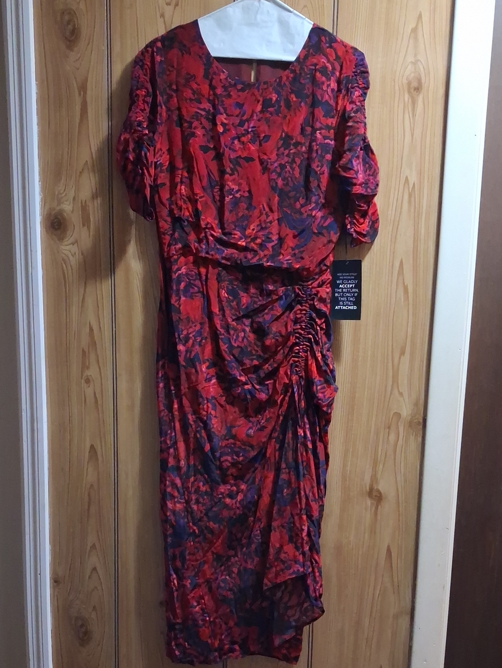 White House Black Market Red and Black Floral Ruched Midi Dress